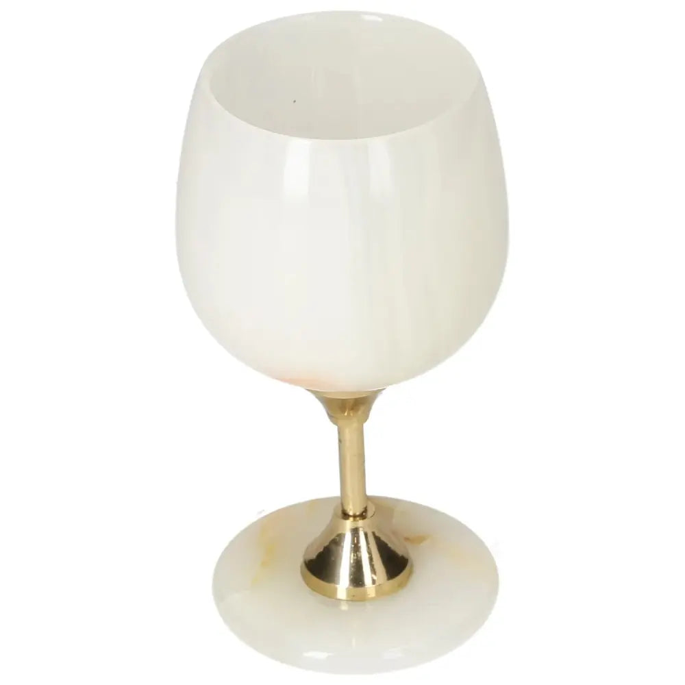 Off-white onyx wine glass with unique veining and polished finish, featuring a sleek design and elegant gold stem.