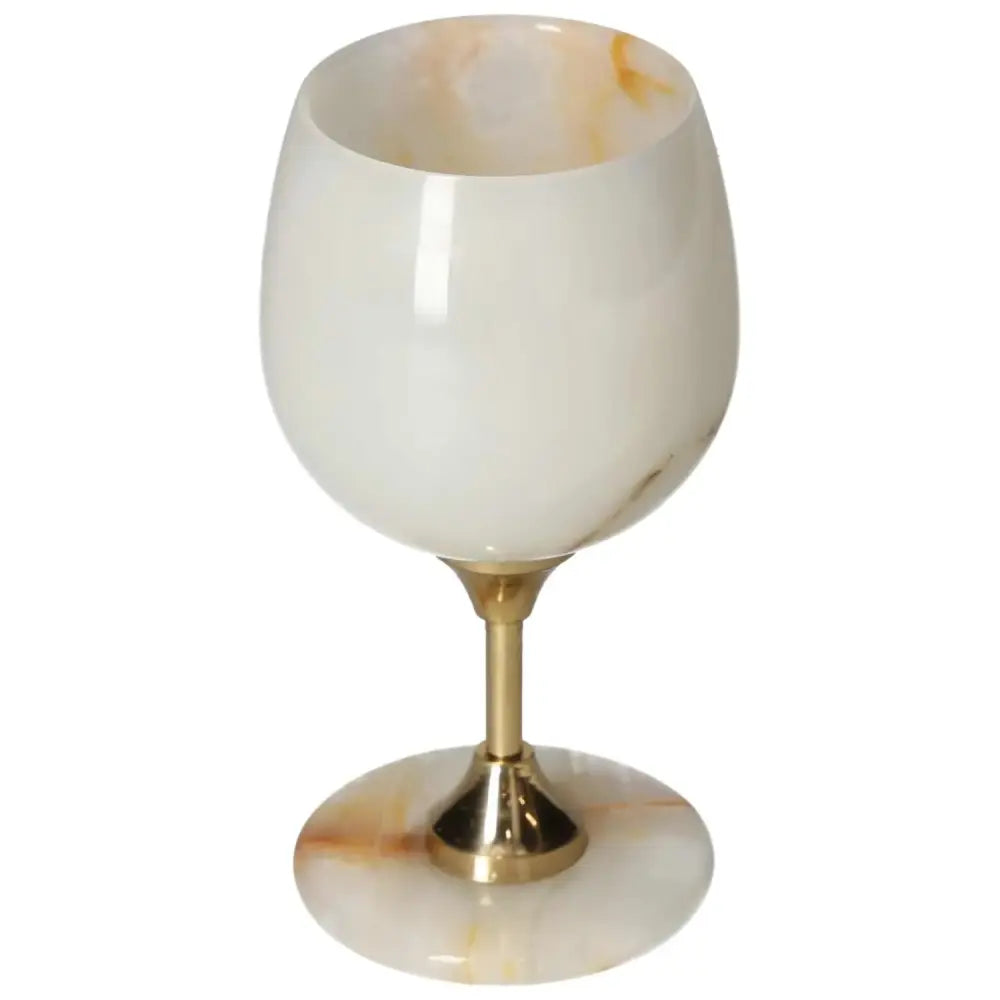 Elegant off-white onyx wine glass with gold stem, showcasing unique veining and polished surface for a sophisticated look, 140 characters