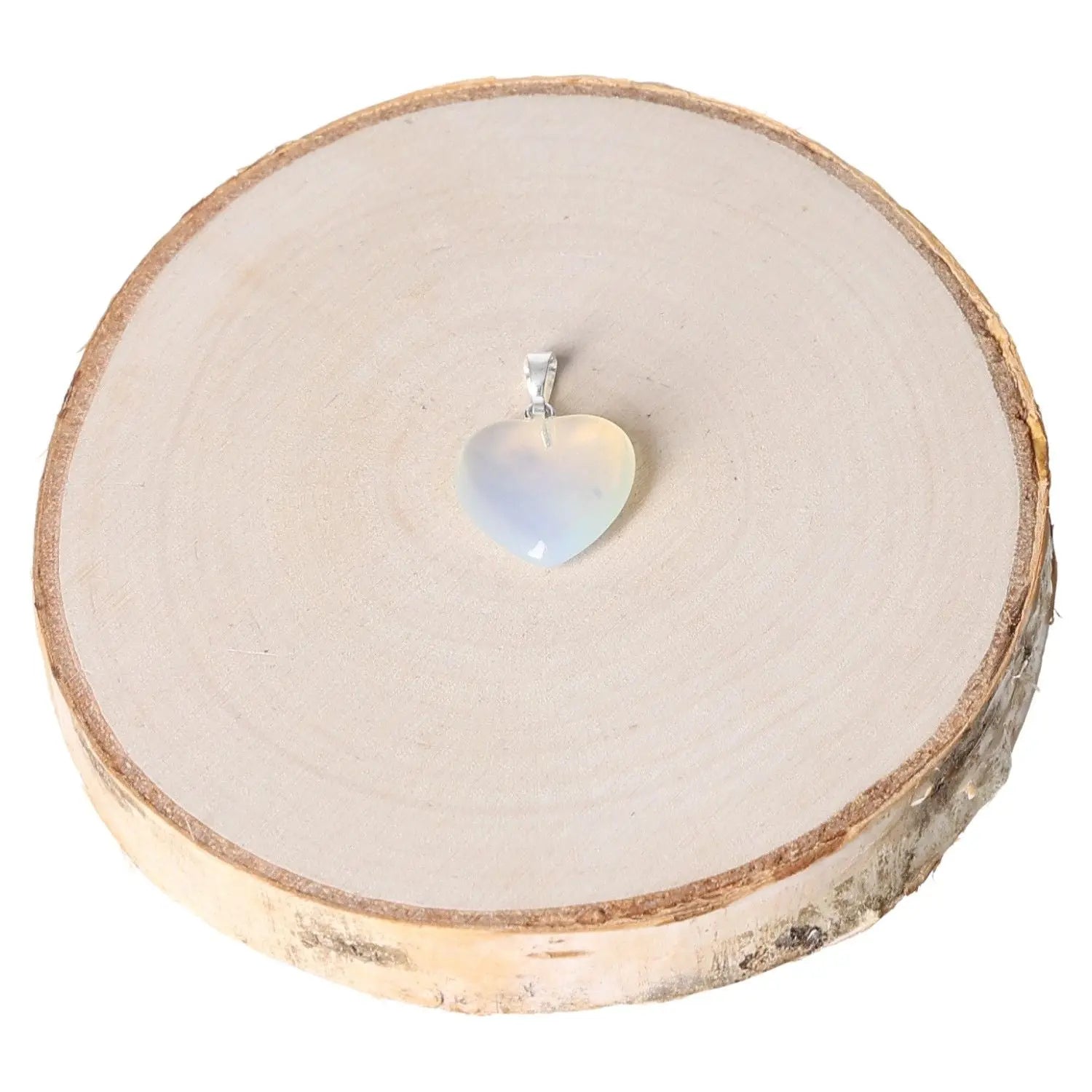 Opalite Heart Pendant on wooden background, 15mm gemstone jewelry with ethereal glow, symbolizing love and compassion.