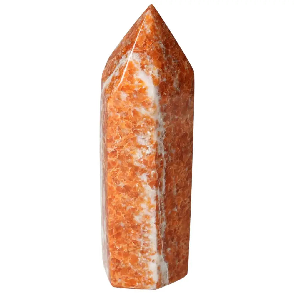 Orchid Calcite Obelisk with vibrant orange and creamy white hues, showcasing polished surface, from Sylvia Crystals.