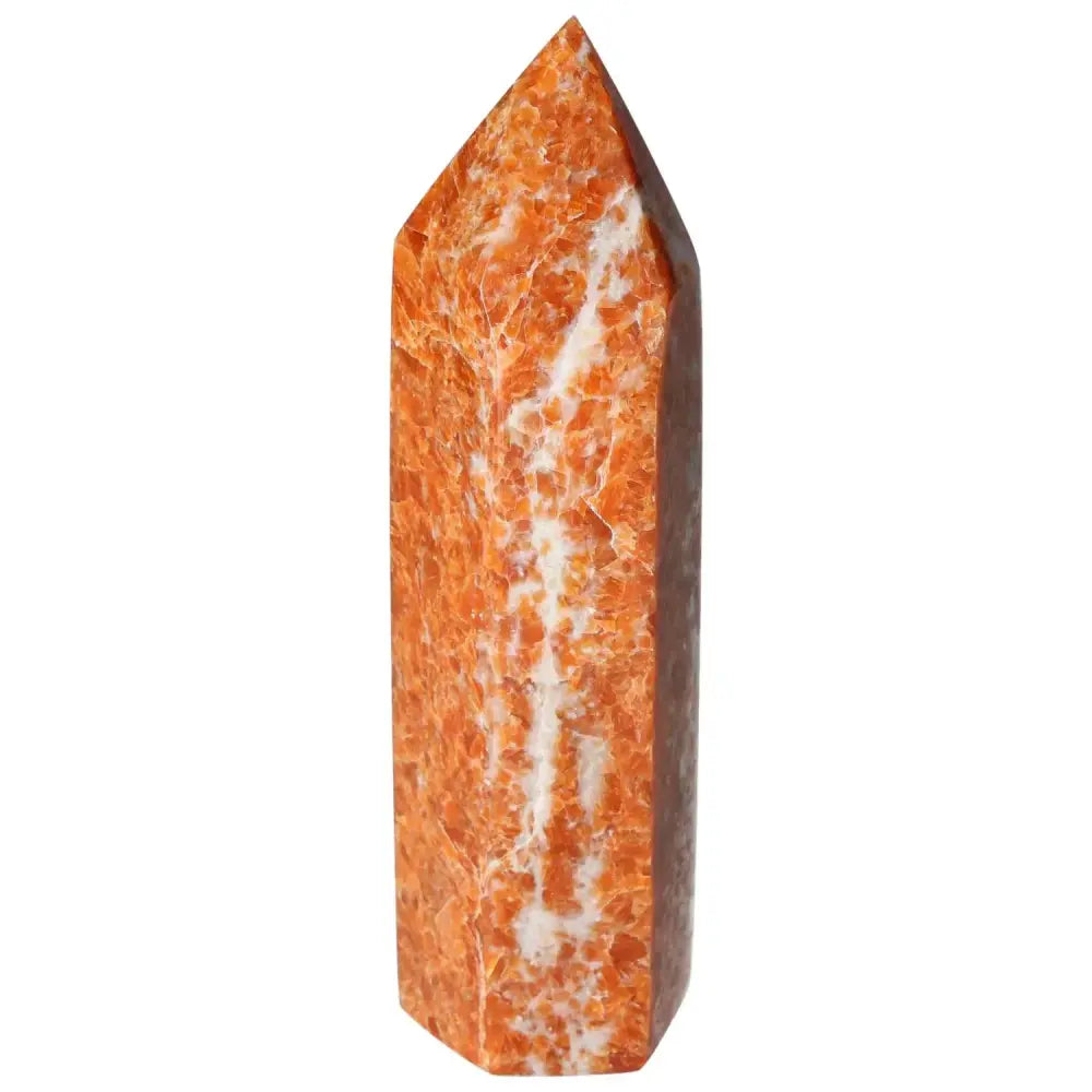 Orchid Calcite Obelisk with orange, peach, and white hues from Sylvia Crystals, enhances spiritual growth and grounding energy.
