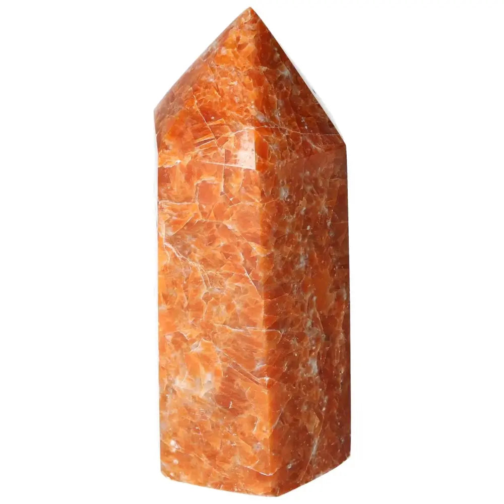 Orchid Calcite Obelisk by Sylvia Crystals, showcasing warm orange, peach, and white hues with a sleek polished finish.