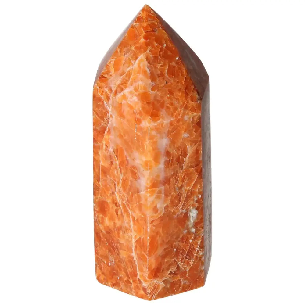Orchid Calcite Obelisk with warm orange and creamy white hues, premium piece by Sylvia Crystals, polished surface, top-grade quality.