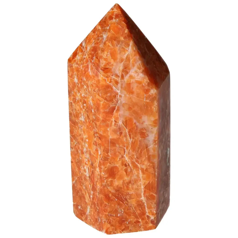 Orchid Calcite Obelisk with warm orange and peach hues, polished to perfection, from Sylvia Crystals.
