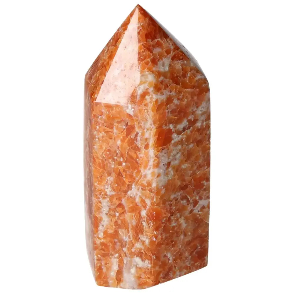 Orchid Calcite Obelisk showcasing vibrant orange, peach, and white hues from Sylvia Crystals, perfect for décor and spiritual connection.