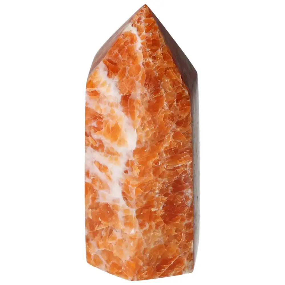 Orchid Calcite Obelisk with natural orange, peach, and creamy white patterns from Sylvia Crystals, embodying strength and elegance.