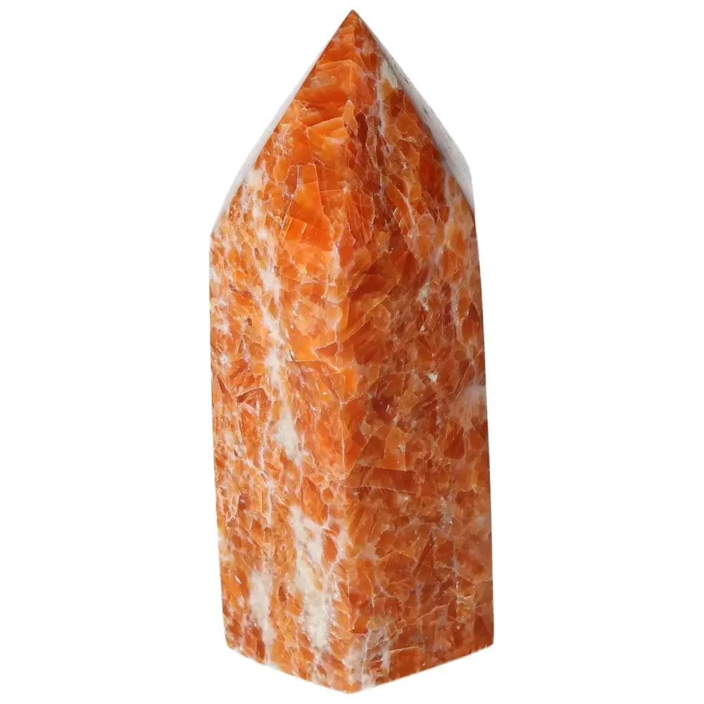 Orchid Calcite Obelisk with warm orange, peach, and cream hues, showcasing unique natural patterns from Sylvia Crystals.