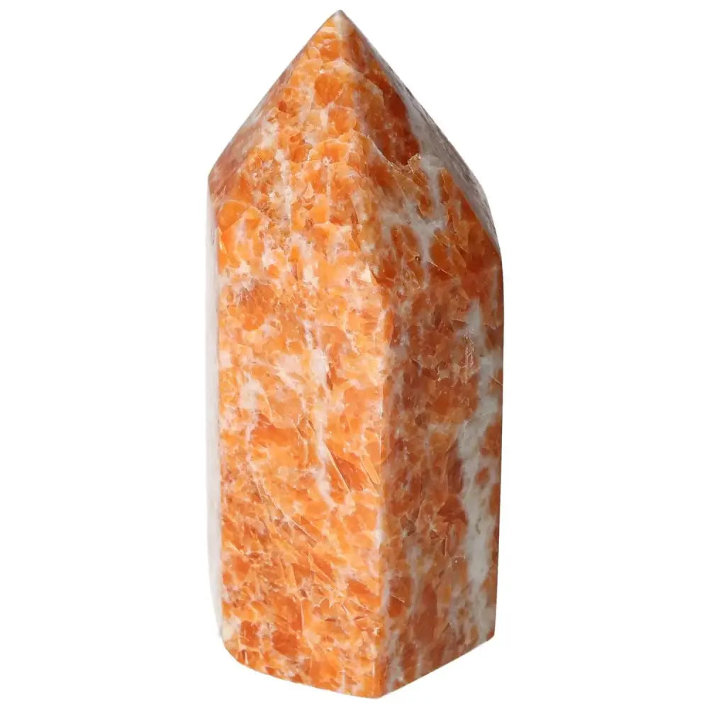 Orchid Calcite Obelisk with orange and creamy white hues, from Sylvia Crystals, showcasing unique natural patterns and spiritual elegance.