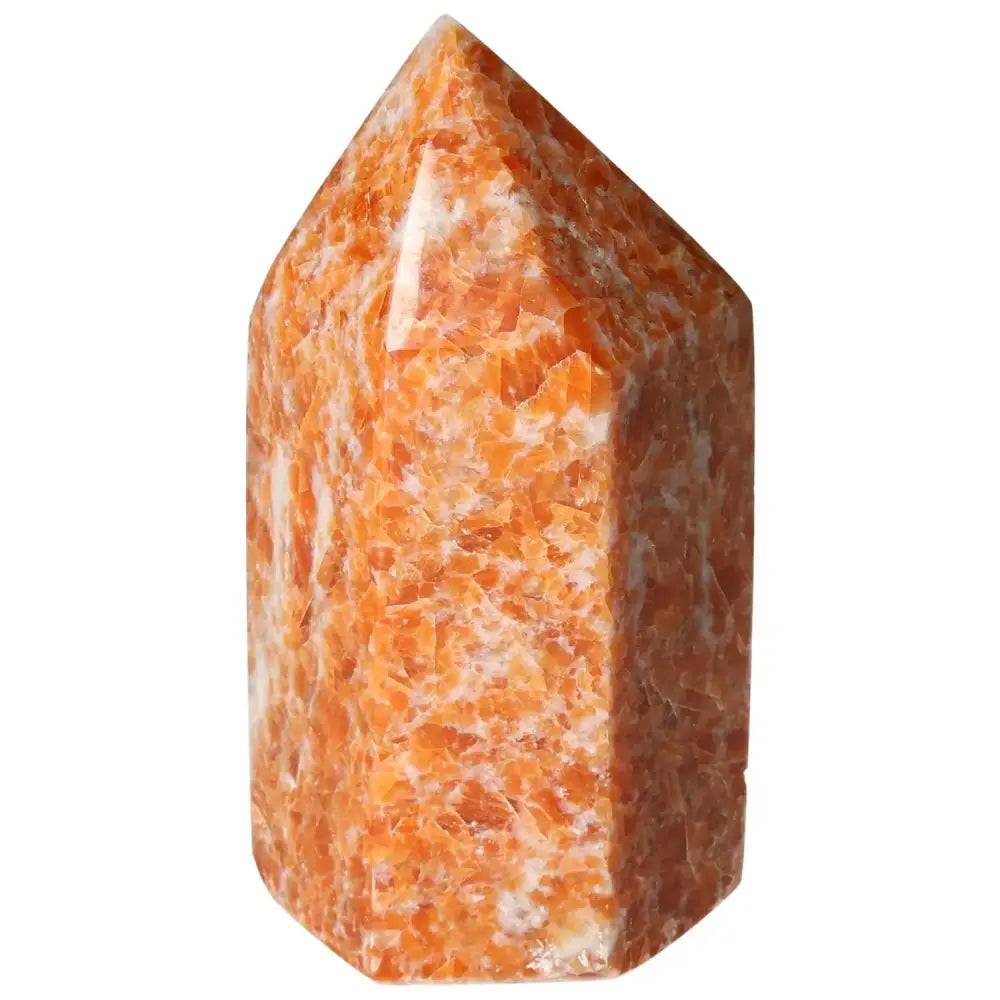 Orchid Calcite Obelisk from Sylvia Crystals, featuring orange, peach, and white hues. Unique, high-quality spiritual decor item.