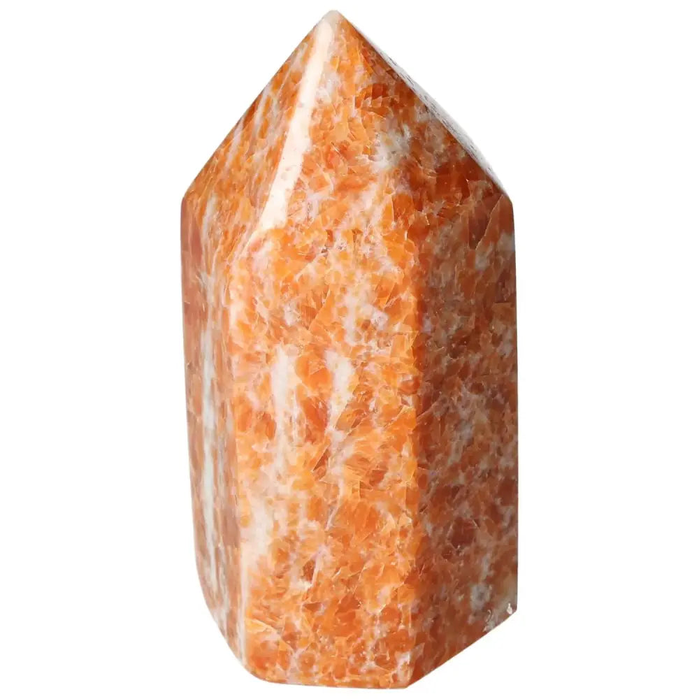 Orchid Calcite Obelisk with orange and creamy white patterns from Sylvia Crystals, showcasing spiritual elegance.