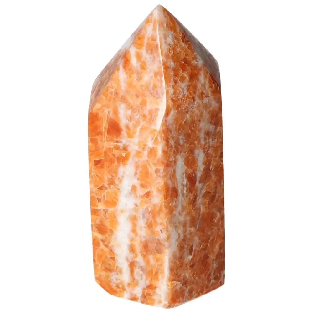 Orchid Calcite Obelisk with orange, peach, and cream hues from Sylvia Crystals, showcasing unique natural patterns.