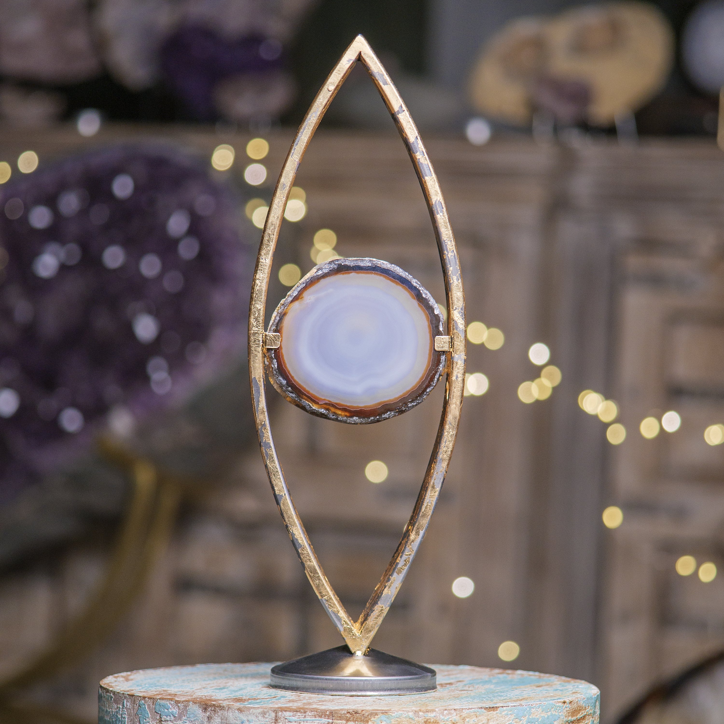 Elegant handmade lamp with genuine agate stone centerpiece and golden frame, perfect for home or office décor.