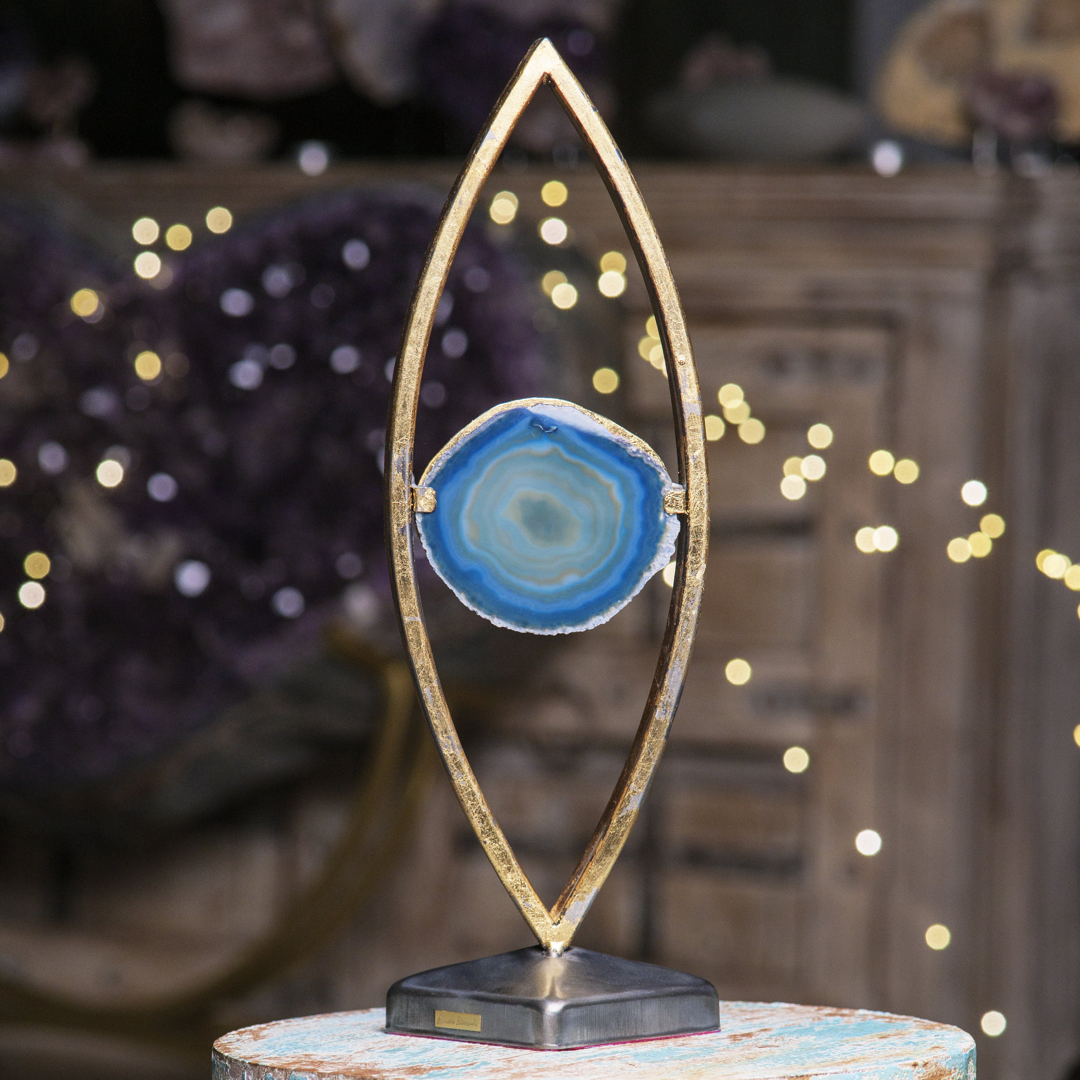 Elegant agate handmade lamp with genuine blue stone centerpiece on a decorative stand, enhancing home or office ambiance.