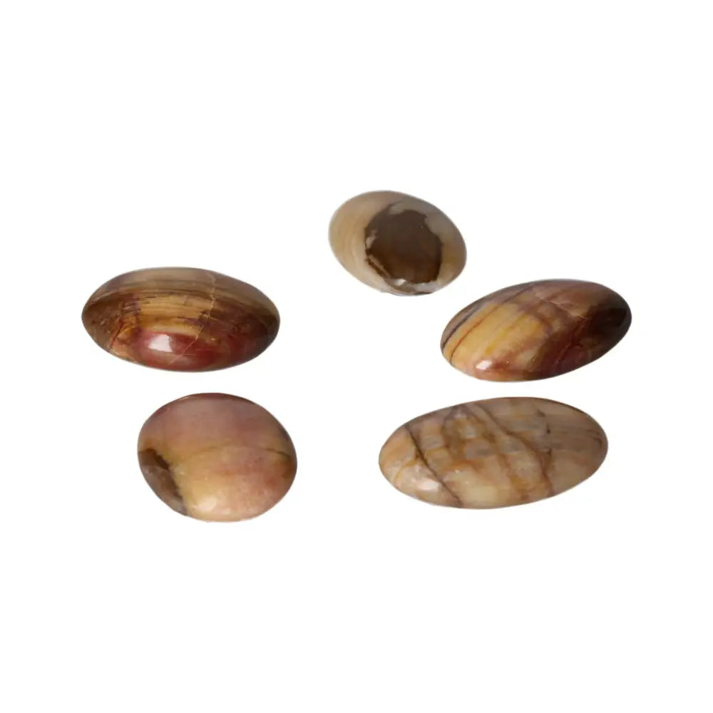 Five polished Peach Calcite palm stones for meditation and relaxation, featuring soft peach hues and natural patterns.