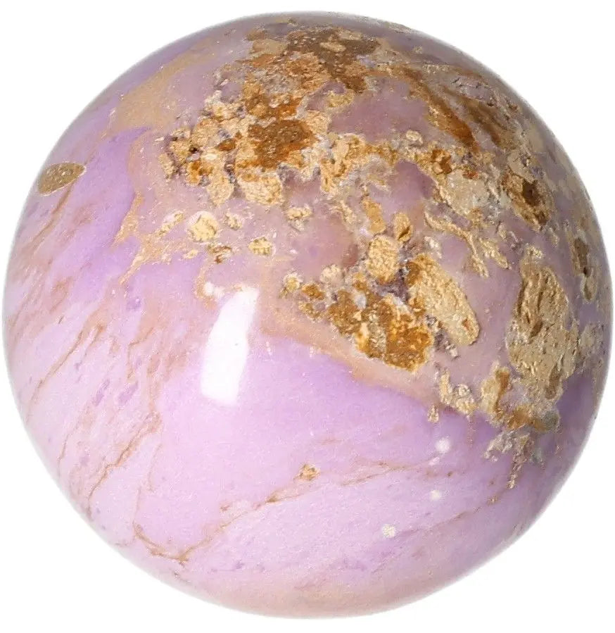 Purple and gold Phosphosidente sphere with a polished finish, showcasing unique mineral patterns and shimmering accents.