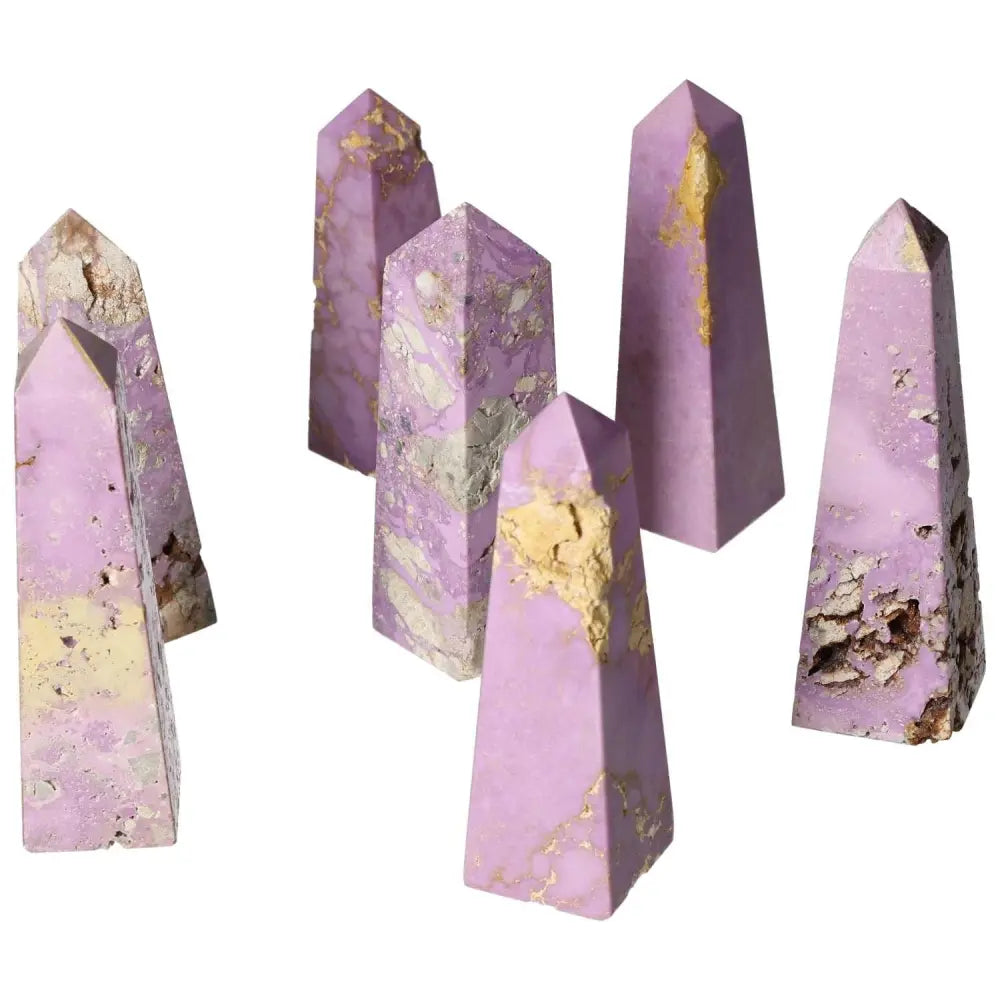 Phosphosidente Tower M crystals with purple hue and natural patterns, ideal for spiritual energy balancing and decorative use.