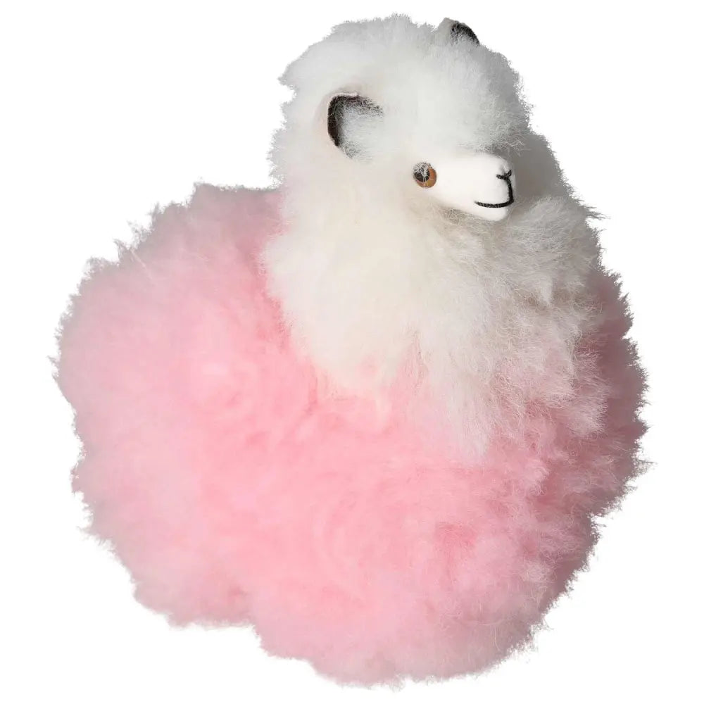 Authentic Pink Alpaca Plush Toy made from 100% natural alpaca hair showcasing soft, fluffy pink and white fibers from Peru.