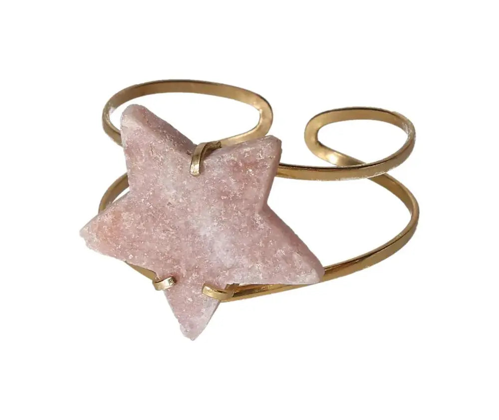 Gold wire bracelet with pink amethyst star charm, known for reducing stress, boosting energy, and enhancing concentration.