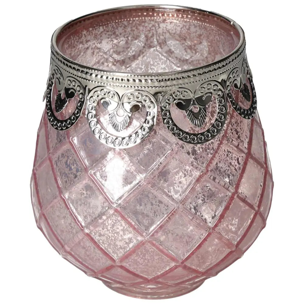 Pink Glass Lantern from Sylvia Crystals featuring intricate silver detailing, adds elegance and calm to any space, embodying conscious luxury.