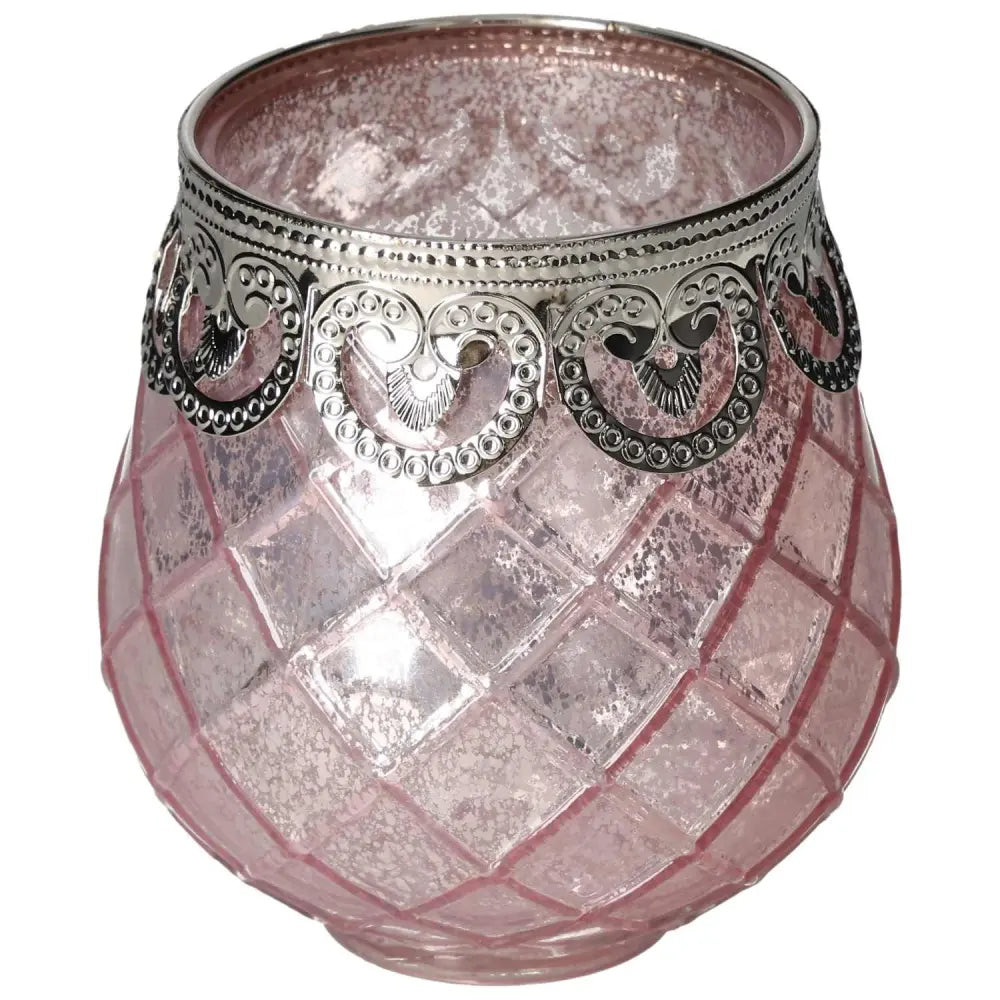 Exquisite pink glass lantern with intricate silver detailing, embodying luxury and mindfulness from Sylvia Crystals.