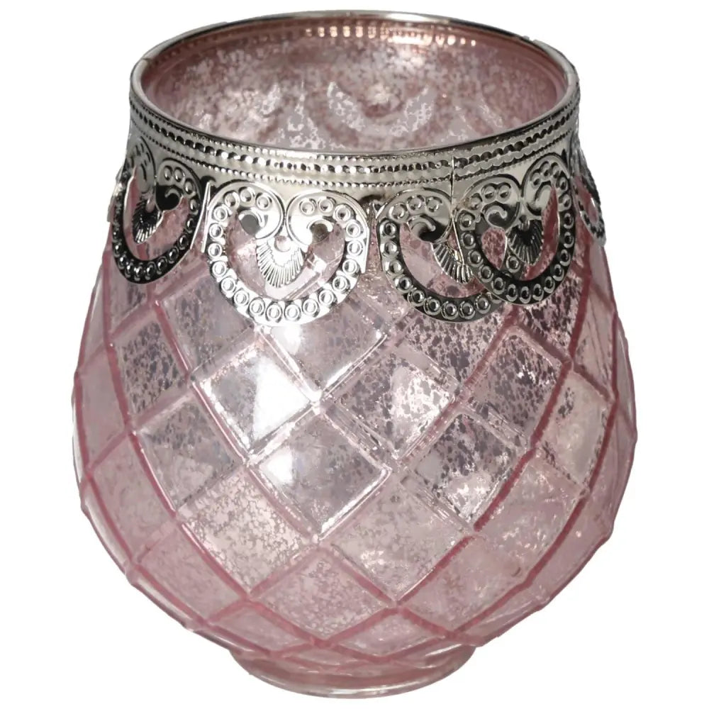 Elegant pink glass lantern with intricate silver detailing, perfect for adding a touch of luxury and mindfulness to any space.