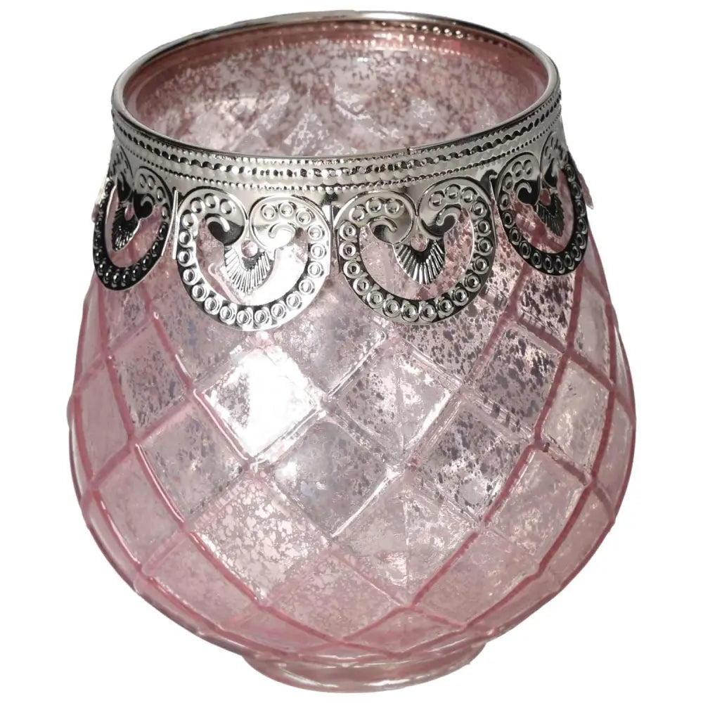 Elegant pink glass lantern with silver detailing, embodying luxury and tranquility, perfect for mindful home decor by Sylvia Crystals.