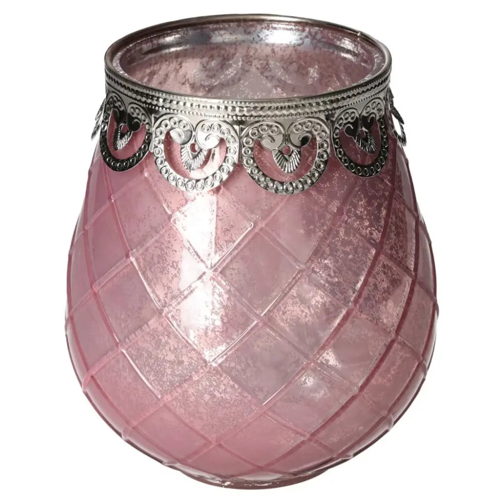 Exquisite pink glass lantern with intricate silver detailing, perfect for enhancing decor and promoting tranquility.