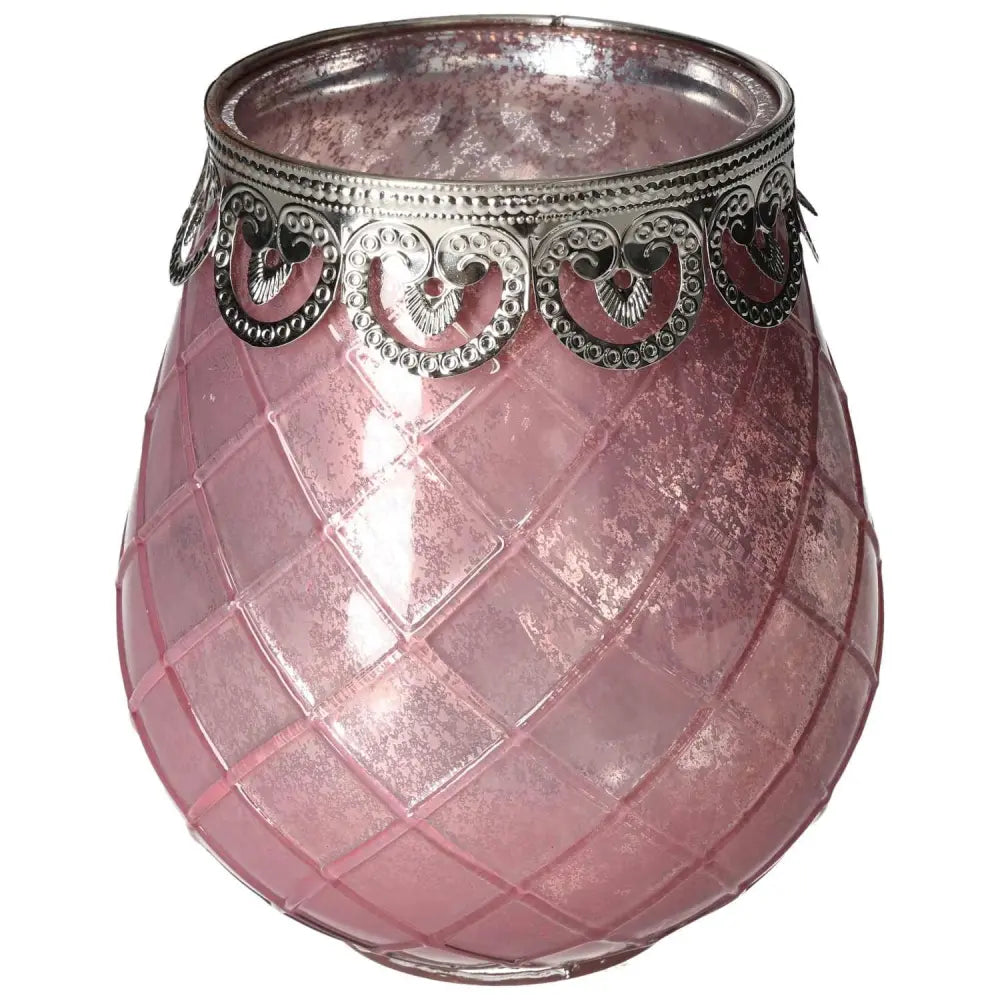 Elegant Pink Glass Lantern with decorative silver trim, enhancing decor with tranquility and mindfulness.