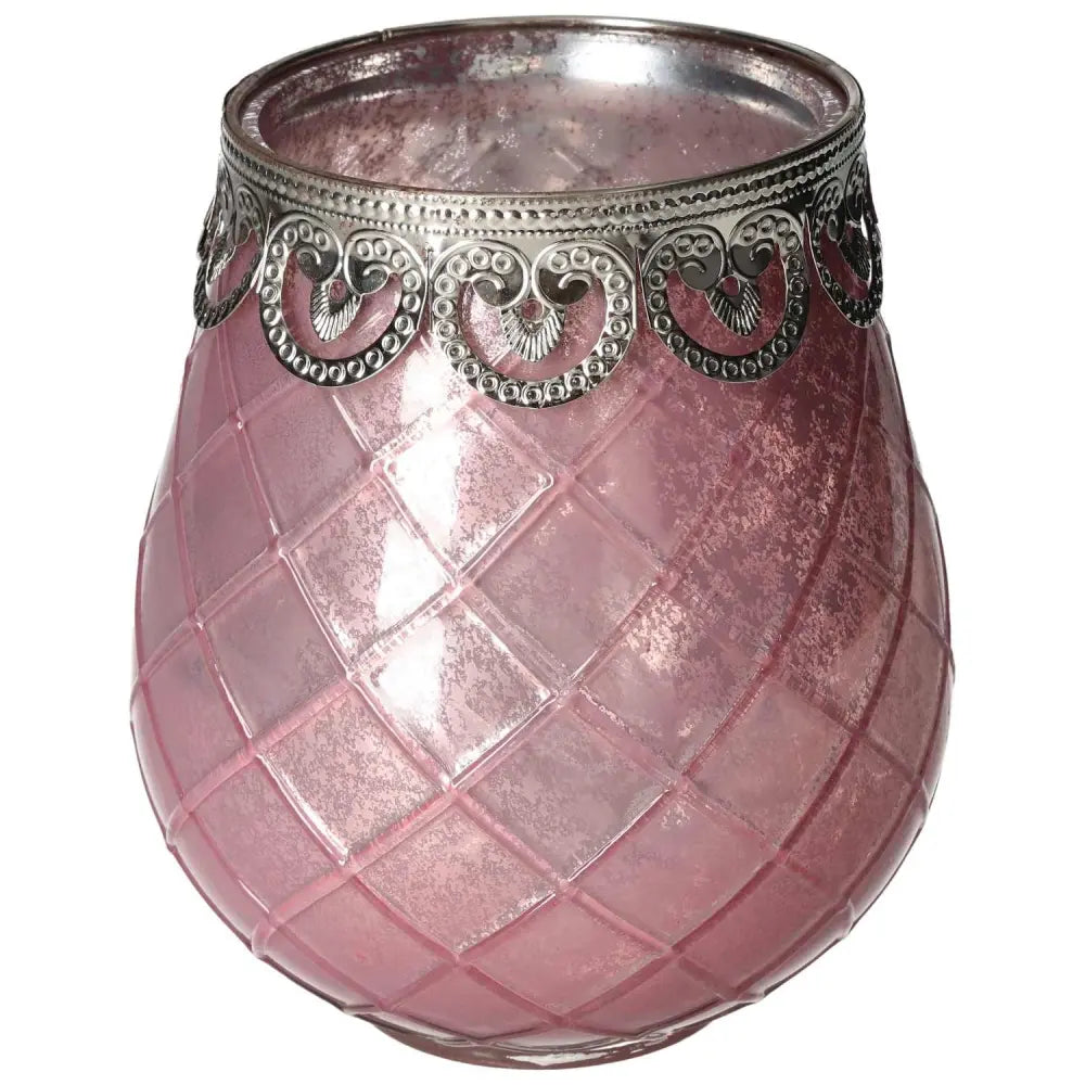 Exquisite Pink Glass Lantern with intricate metal trim, offering a blend of elegance and tranquility, perfect for enhancing decor.