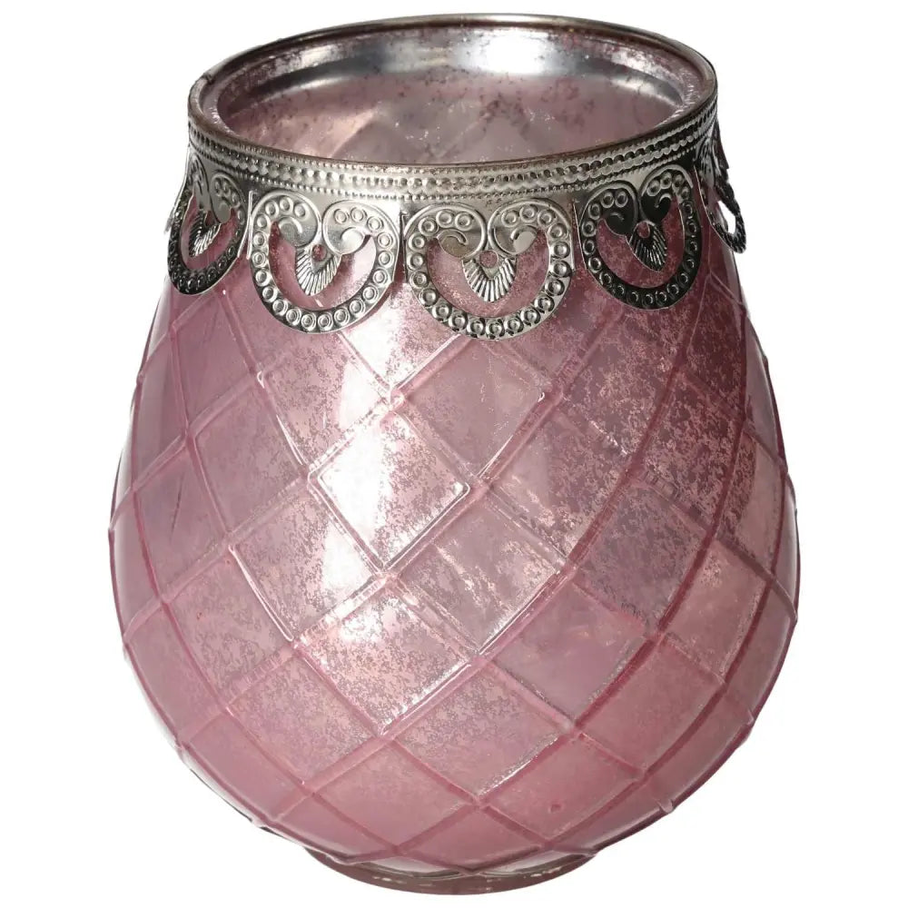 Elegant pink glass lantern with intricate silver detailing, perfect for enhancing decor and promoting tranquility.