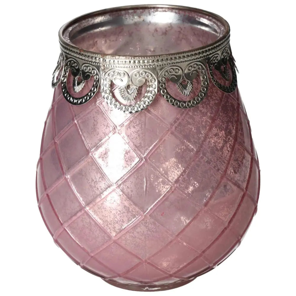 Elegant pink glass lantern with intricate metalwork, promoting tranquility and enhancing decor. Premium Sylvia Crystals offering.
