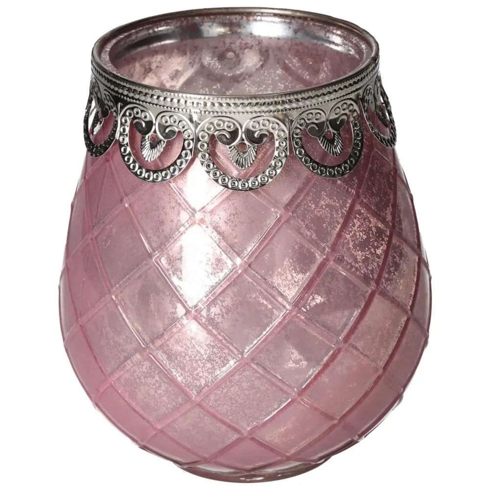 Exquisite pink glass lantern with intricate silver detailing, ideal for enhancing decor and promoting tranquility.