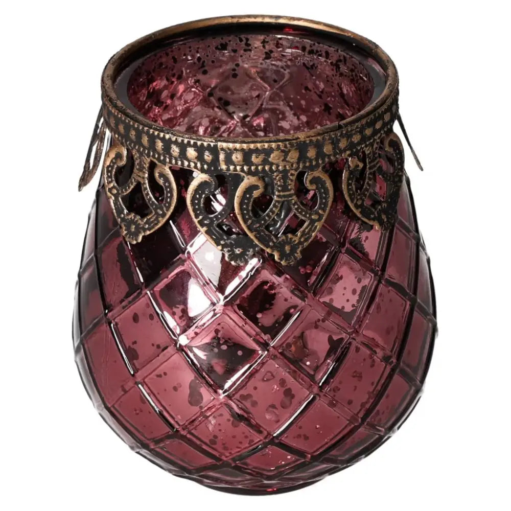 Elegant pink lantern with ornate metal rim, perfect for enhancing home decor with sophistication and warmth. Sylvia Crystals design.