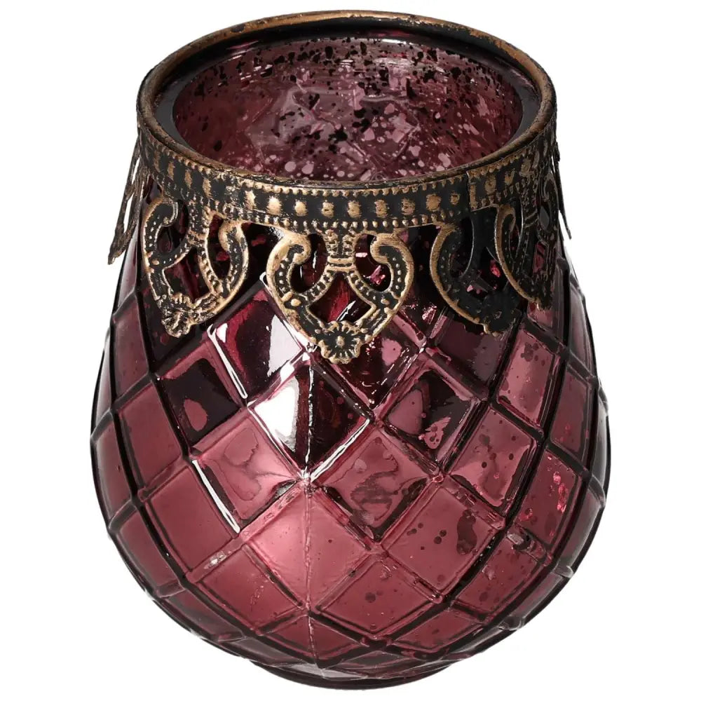 Elegant pink lantern with intricate metal rim design, ideal for enhancing home decor with luxury and modern style.