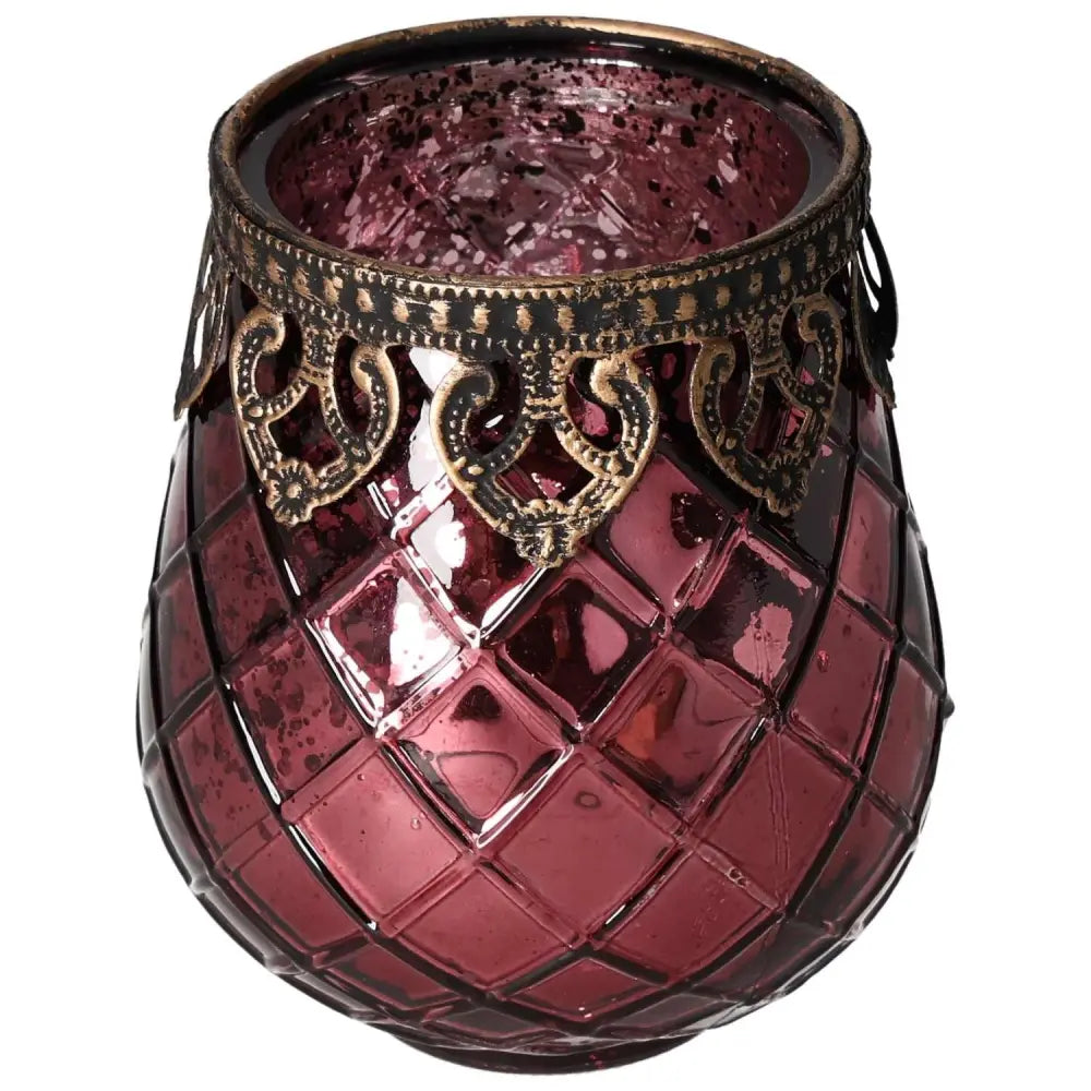 Elegant pink lantern with ornate metal rim, designed by Sylvia Crystals, perfect for adding luxury and warmth to any home decor.