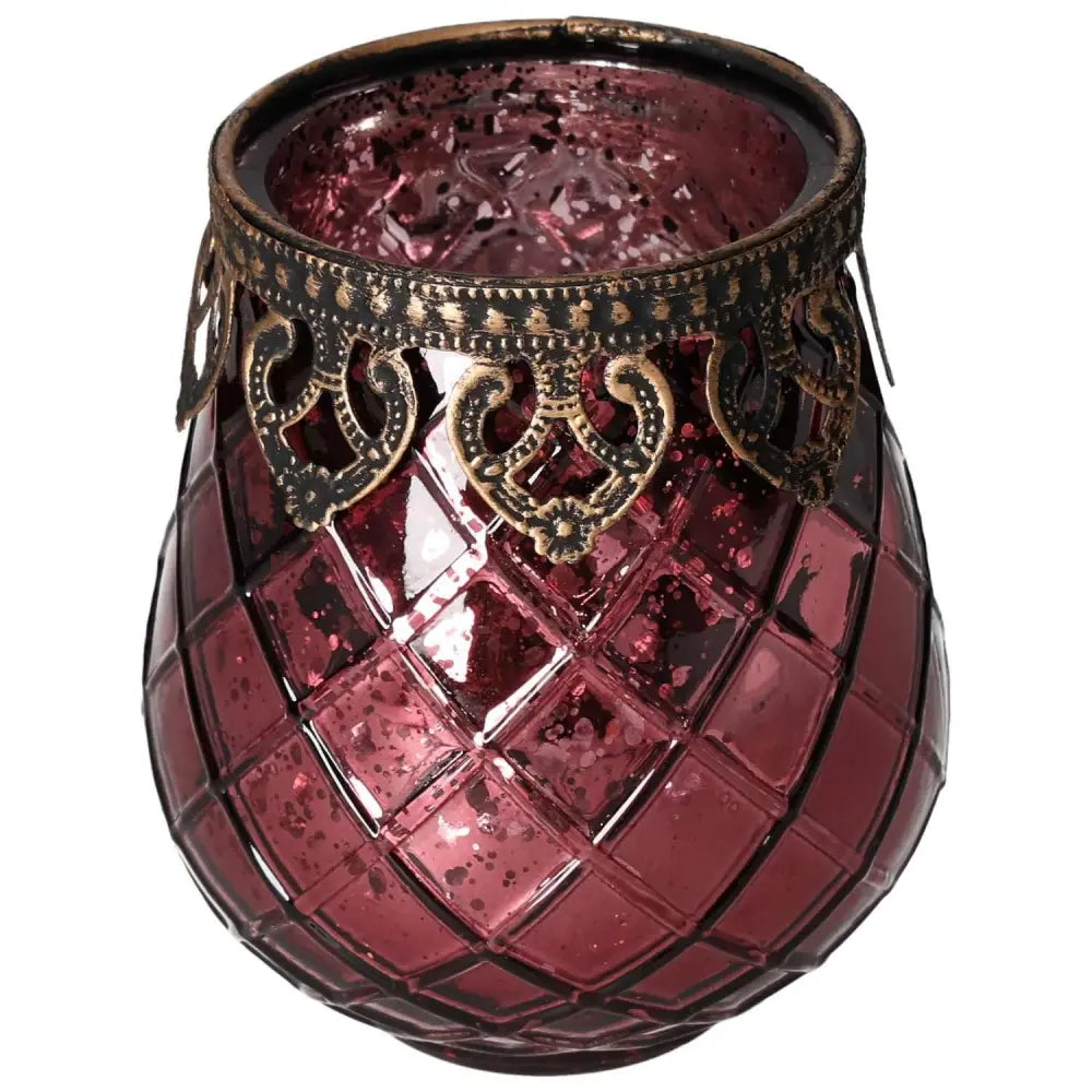Pink lantern with ornate metal rim, creating a luxurious and modern aesthetic for home decor by Sylvia Crystals.