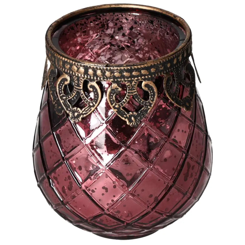 Pink lantern with metal rim featuring a textured glass design, crafted by Sylvia Crystals. Ideal for luxury home decor and interior elegance.