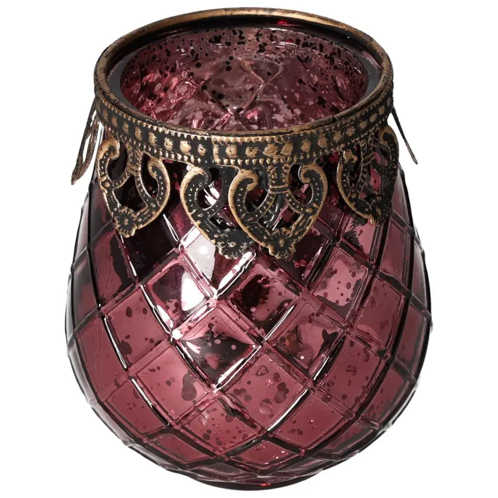 Elegant pink lantern with a decorative metal rim, designed by Sylvia Crystals, adding luxury and modern elegance to any living space.