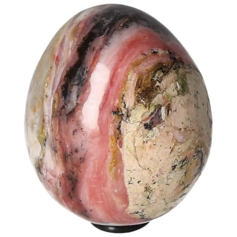 Pink opal egg stone with swirling patterns and natural textures, used for enhancing communication and nurturing relationships.