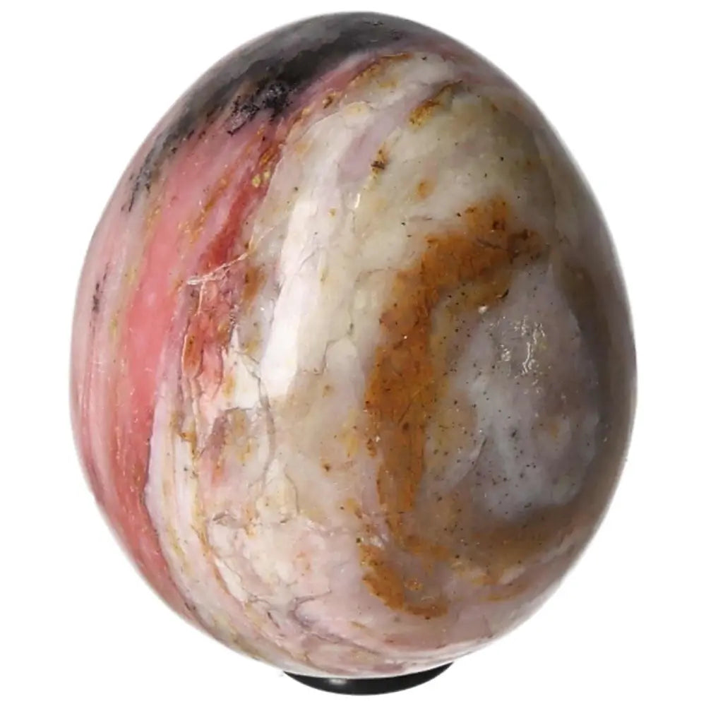 Pink Opal Egg with a mix of soft pink, white, and earthy tones, known for promoting good communication and nurturing friendships.