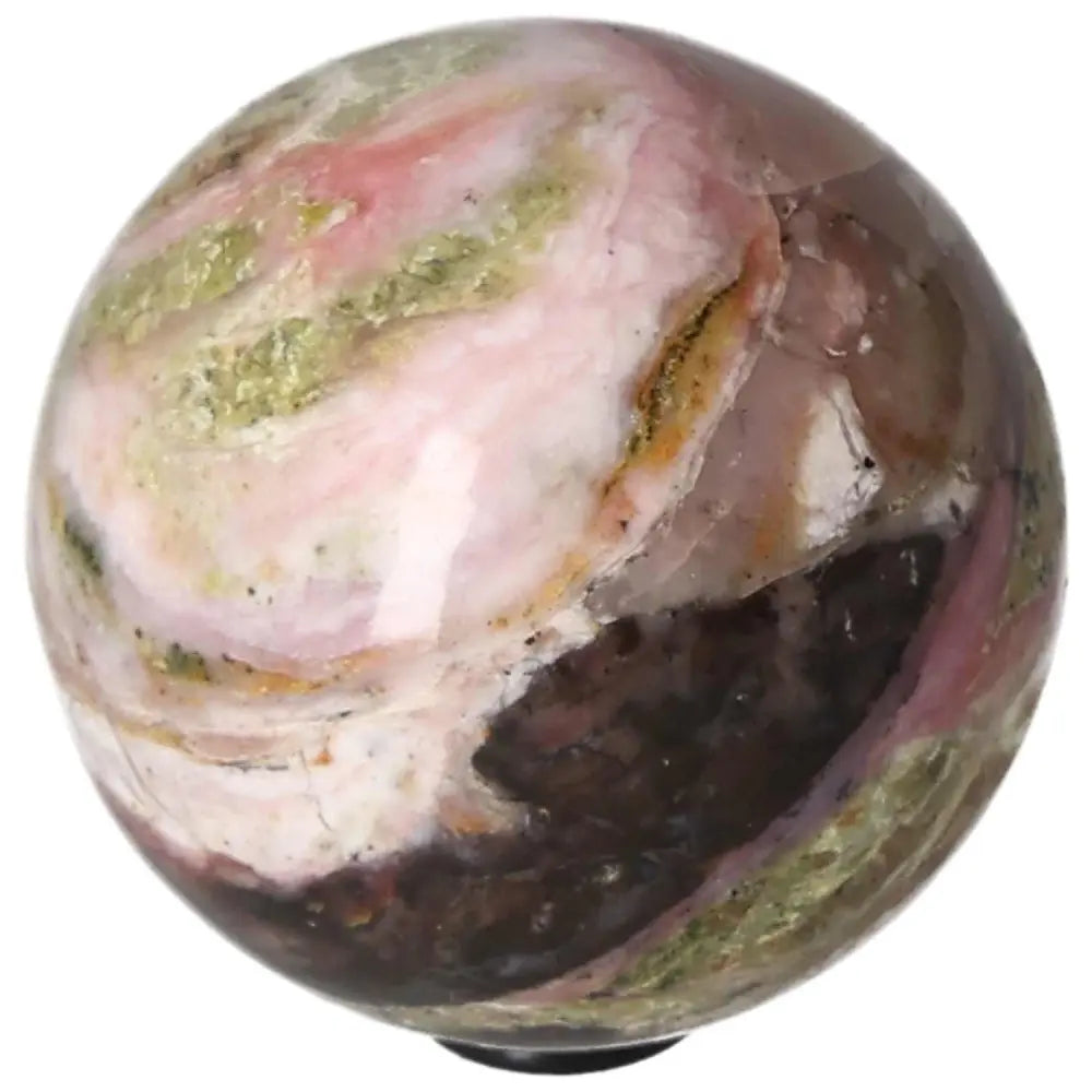 Pink Opal Sphere with green and pink swirls, known for promoting communication, honesty, and trust in relationships.