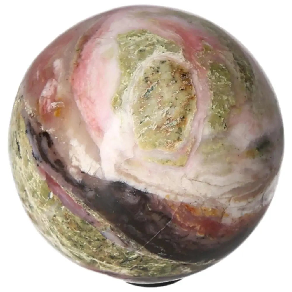 Pink opal sphere with natural green and pink patterns, known for its beauty and calming properties, photographed on a white background.