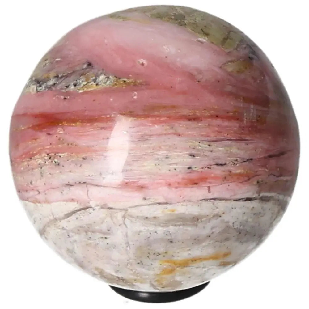 Polished Pink Opal Sphere, known for enhancing communication and fostering sincerity in relationships, displayed on a black stand.