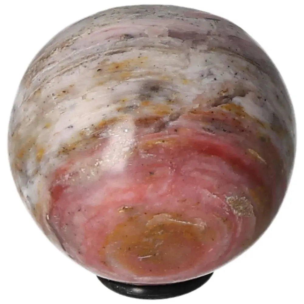 Pink Opal Sphere with swirling patterns, a gemstone promoting communication, kindness, honesty, and trust, enhancing friendships.