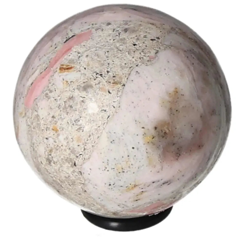 Pink Opal Sphere with natural stone textures on a stand, promoting communication and trust.