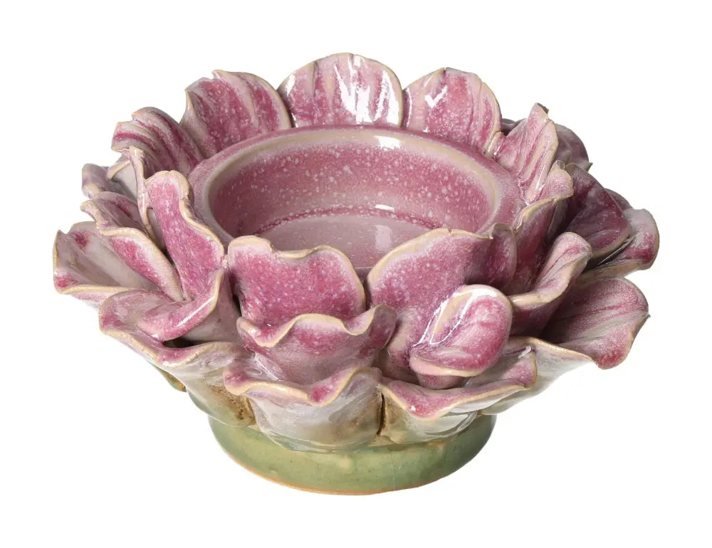 Pink stoneware candle holder with flower motif, 16x16x19, featuring luxurious design by Sylvia Crystals for elegant home decor.