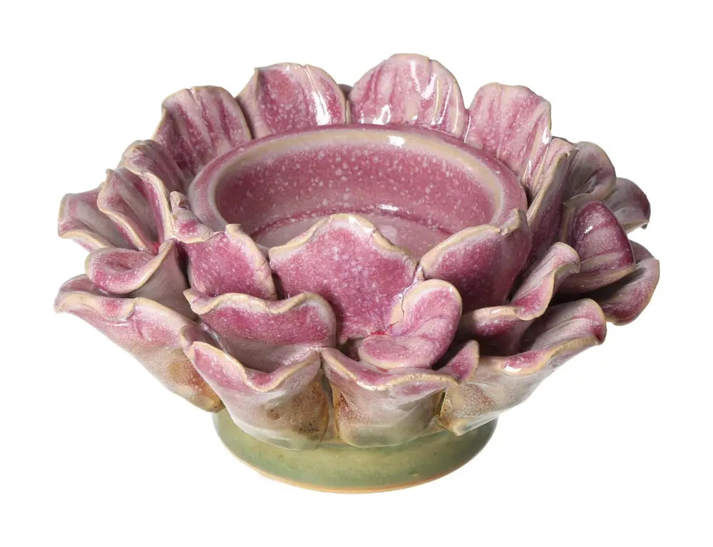 Elegant Pink Stoneware Flower Motif Candle Holder by Sylvia Crystals, 16x16x19 cm, luxury decor for conscious living.