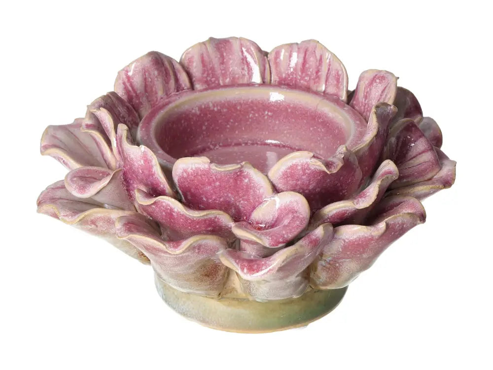 Pink Stoneware Flower Motif Candle Holder 16x16x19 from Sylvia Crystals, decorative elegance with spiritual harmony.