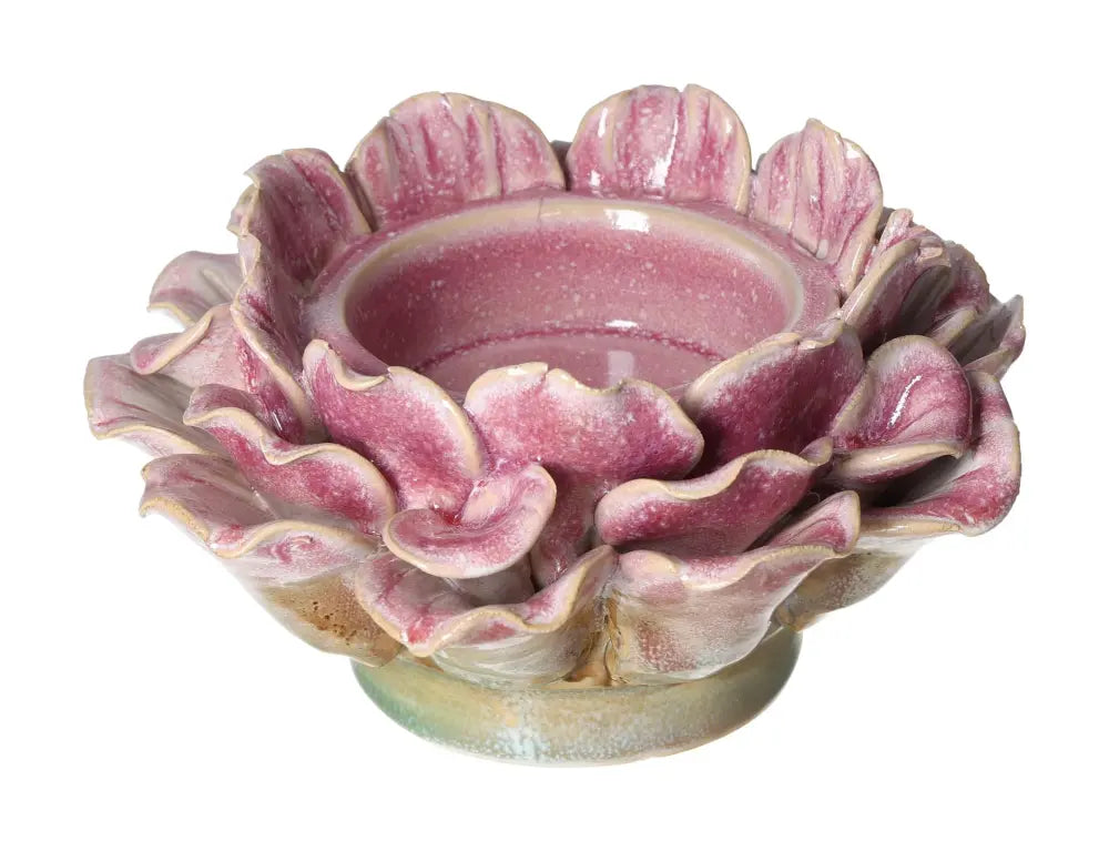 Pink stoneware flower motif candle holder by Sylvia Crystals, luxurious decor blending beauty and mindfulness, 16x16x19 cm.