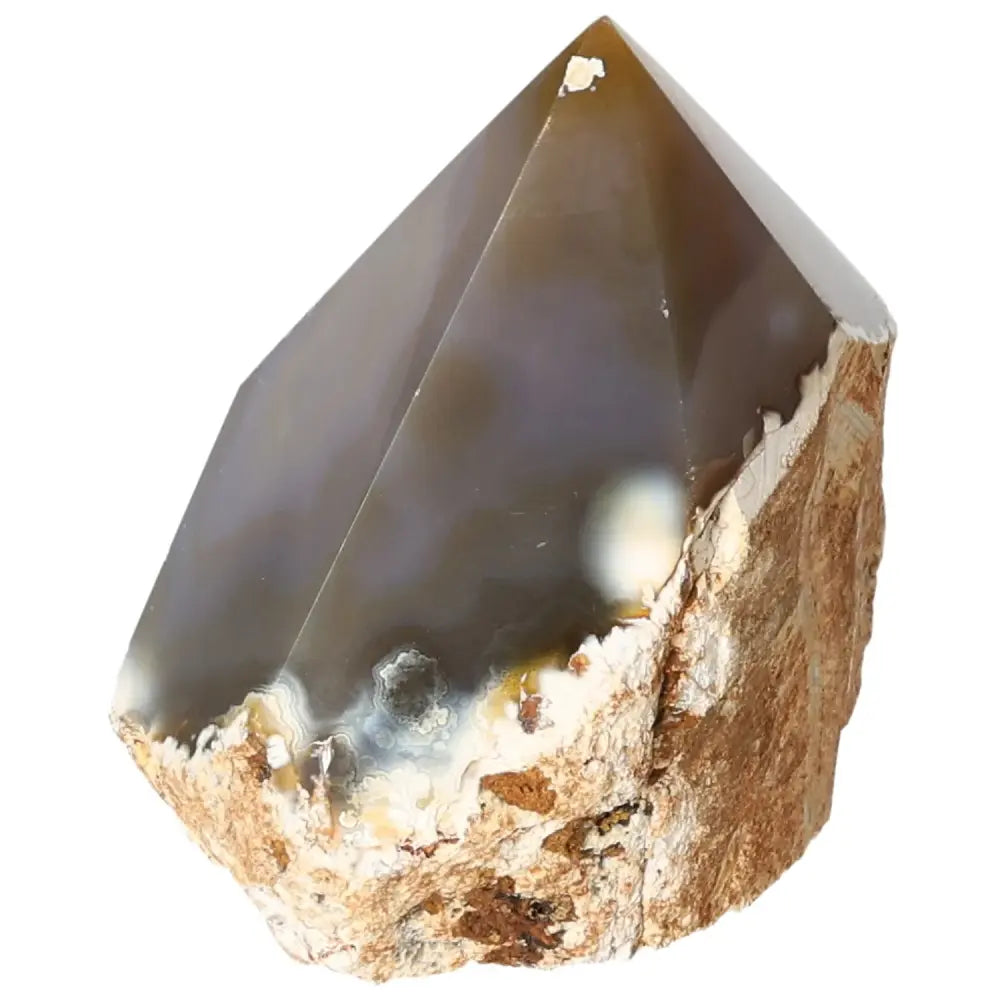 Polished Agate Point from Sylvia Crystals with natural earthy hues, showcasing intricate patterns and luxury craftsmanship for energy balance.
